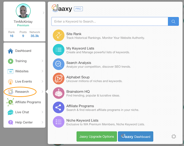 Research Tab and Access to Jaaxy