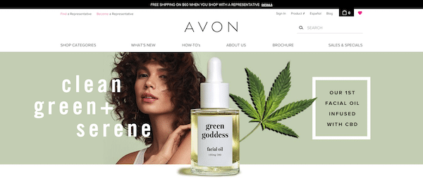 Avon product page featuring cosmetics and CBD facial oil