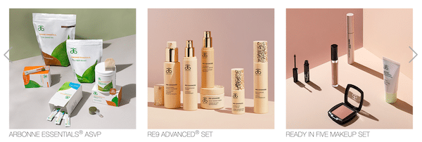Arbonne products overview on the company website