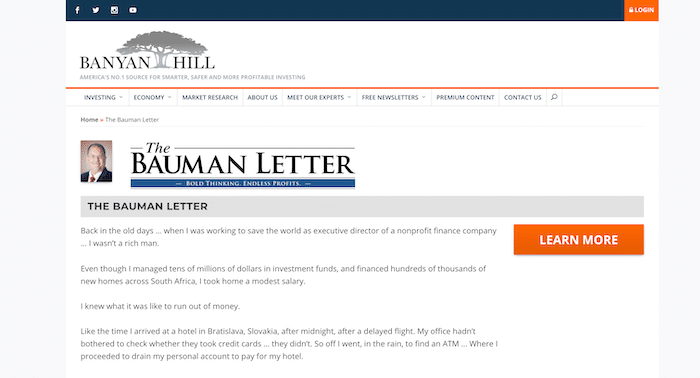 Banyan Hill website featuring The Bauman Letter subscription