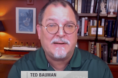 Closeup of Ted Bauman discussing The Bauman Letter subscription and other investment related topics.