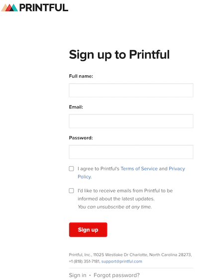 Sign Up form Printful