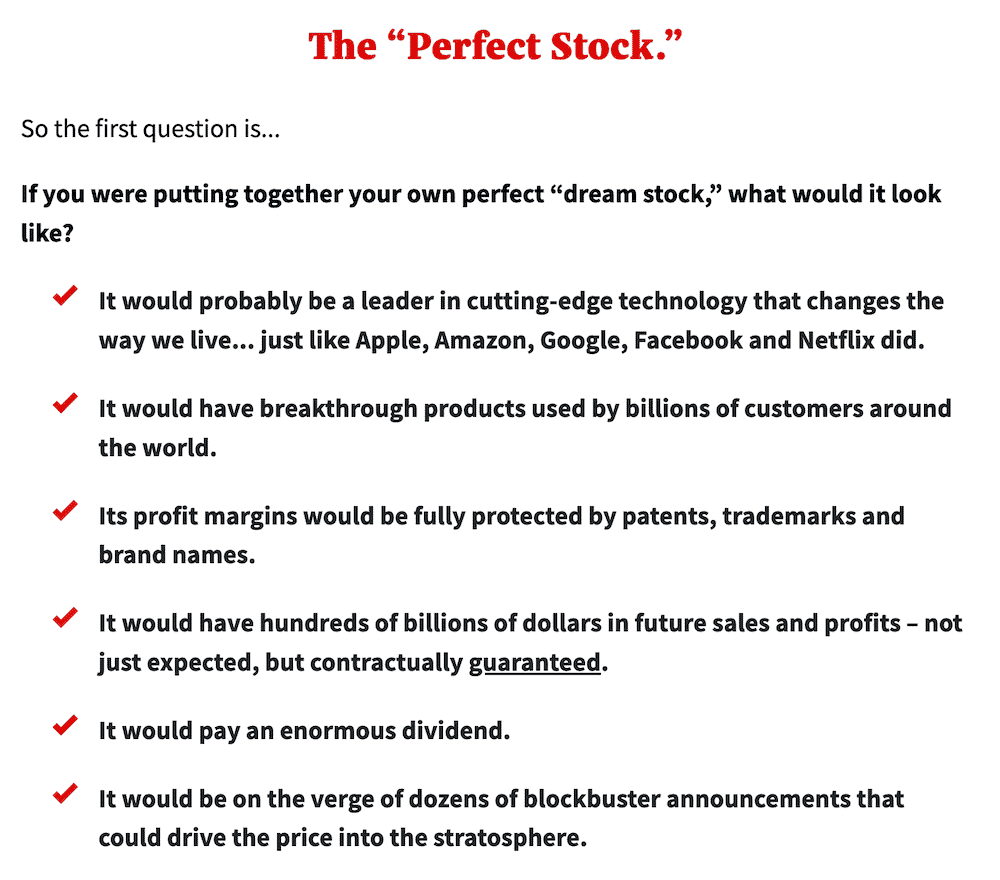 Alex Green's description of what a "Perfect Stock" might look like.