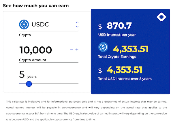 Example of Using BlockFi to Earn Interest with USDC on the BlockFi calculator.