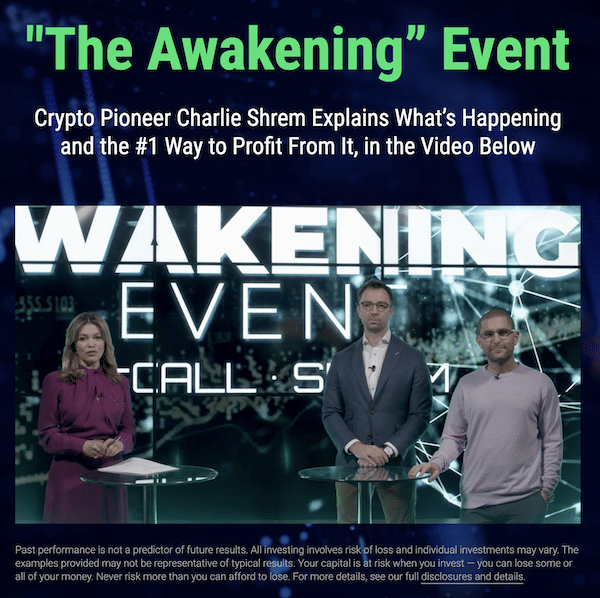 Charlie Shrem and Matt McCall in a presentation called The Awakening Event which is used to promote a service they run called The Crypto Investor Network.