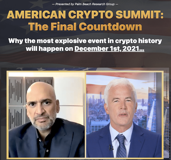 American Crypto Summit presentation featuring Teeka Tiwari and John Burke on the Palm Beach Research Group website.