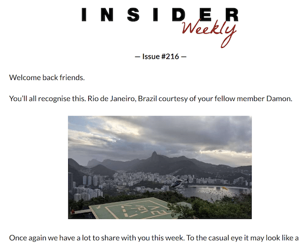 The first section of a weekly issue of the Insider Newsletter.