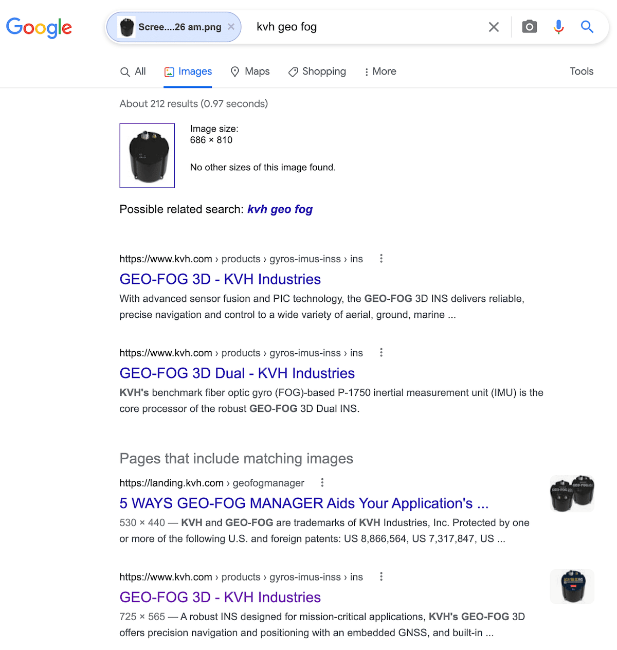 Google search results for the sensor Chris DeHaemer discussed in the presentation, which related to a FOG product made by KVH Industries.