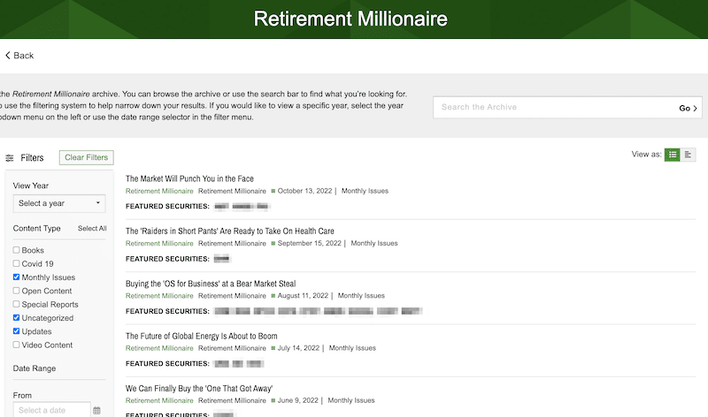 The archive page in the member's area where subscribers can access the Retirement Millionaire newsletters.