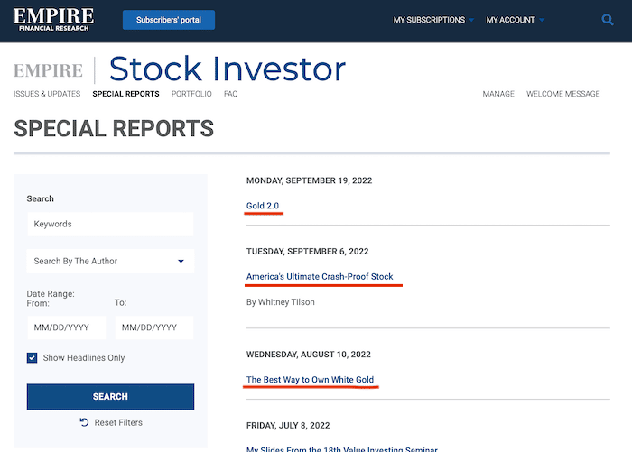 The special reports page in the Empire Stock Investor member's area.