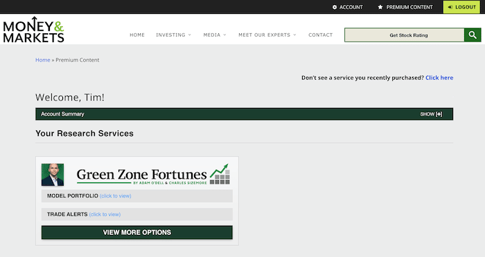 The Green Zone Fortunes member's area.