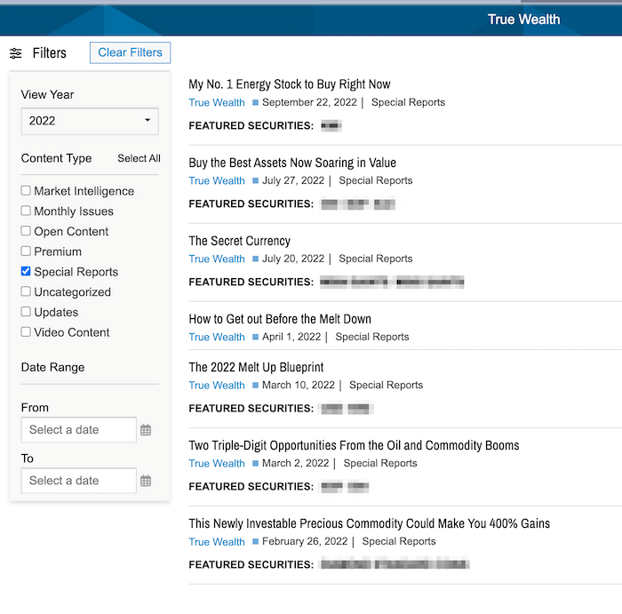 Special Reports released in 2022 that True Wealth subscribers get access to.