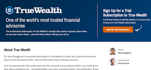 The True Wealth service page on the Stansberry Research website.