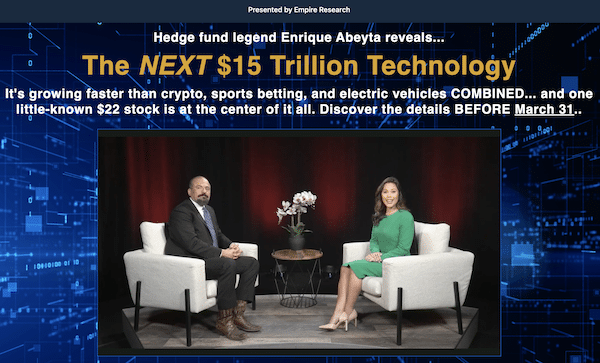 Enrique Abetya in a presentation on the Empire Financial Research website discussing his artificial intelligence prediction and stock pick.