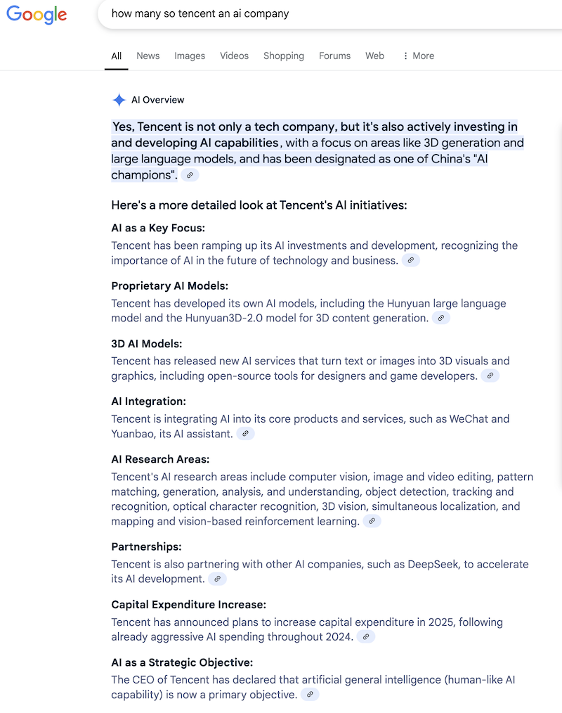 Google AI overview of Tencent's AI business.